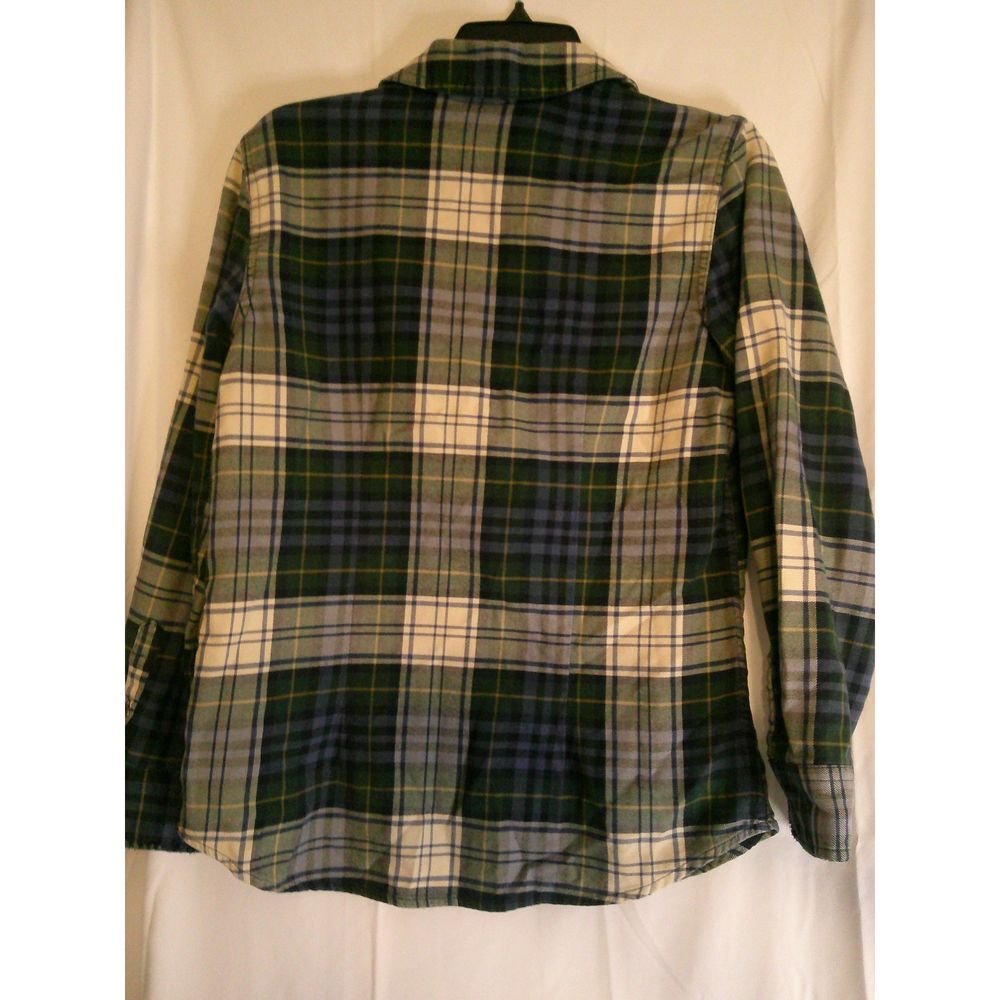 Women's CHAPS Green & White Plaid Flannel Zip-Down Shirt Casual Long Sleeve Smal
